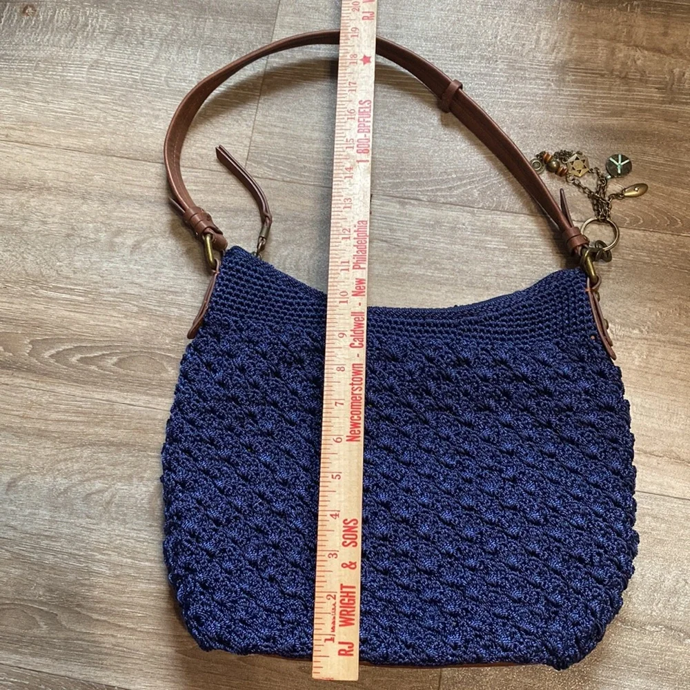 The Sak Navy Crochet Shoulder Bag with Brown Leather Straps